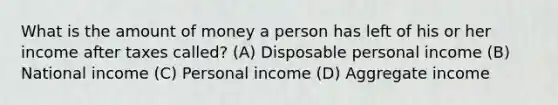 What is the amount of money a person has left of his or her income after taxes called? (A) Disposable personal income (B) National income (C) Personal income (D) Aggregate income