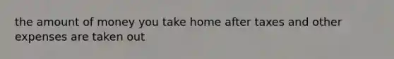 the amount of money you take home after taxes and other expenses are taken out