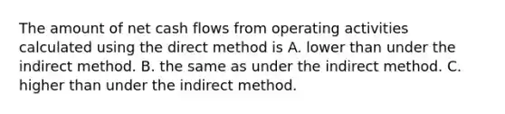 The amount of net cash flows from operating activities calculated using the direct method is A. lower than under the indirect method. B. the same as under the indirect method. C. higher than under the indirect method.