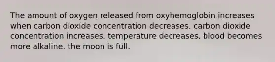 The amount of oxygen released from oxyhemoglobin increases when carbon dioxide concentration decreases. carbon dioxide concentration increases. temperature decreases. blood becomes more alkaline. the moon is full.