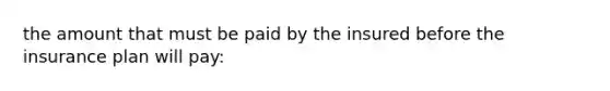 the amount that must be paid by the insured before the insurance plan will pay: