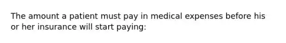 The amount a patient must pay in medical expenses before his or her insurance will start paying: