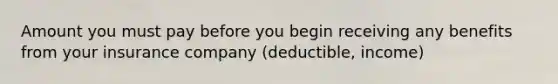 Amount you must pay before you begin receiving any benefits from your insurance company (deductible, income)