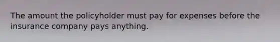 The amount the policyholder must pay for expenses before the insurance company pays anything.