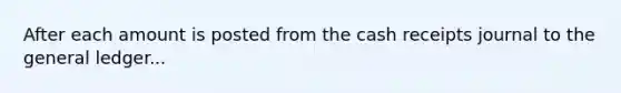 After each amount is posted from the cash receipts journal to <a href='https://www.questionai.com/knowledge/kdxbifuCZE-the-general-ledger' class='anchor-knowledge'>the general ledger</a>...