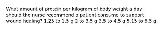 What amount of protein per kilogram of body weight a day should the nurse recommend a patient consume to support wound healing? 1.25 to 1.5 g 2 to 3.5 g 3.5 to 4.5 g 5.15 to 6.5 g