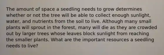 The amount of space a seedling needs to grow determines whether or not the tree will be able to collect enough sunlight, water, and nutrients from the soil to live. Although many small plants will sprout in the forest, many will die as they are crowded out by larger trees whose leaves block sunlight from reaching the smaller plants. What are the important resources a seedling needs to live?