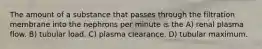 The amount of a substance that passes through the filtration membrane into the nephrons per minute is the A) renal plasma flow. B) tubular load. C) plasma clearance. D) tubular maximum.