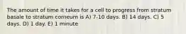 The amount of time it takes for a cell to progress from stratum basale to stratum corneum is A) 7-10 days. B) 14 days. C) 5 days. D) 1 day. E) 1 minute