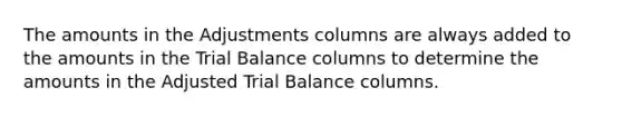 The amounts in the Adjustments columns are always added to the amounts in the Trial Balance columns to determine the amounts in the Adjusted Trial Balance columns.