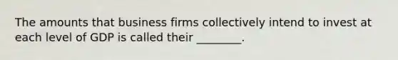 The amounts that business firms collectively intend to invest at each level of GDP is called their ________.