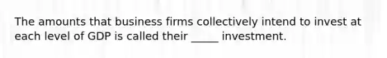 The amounts that business firms collectively intend to invest at each level of GDP is called their _____ investment.