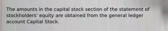 The amounts in the capital stock section of the statement of stockholders' equity are obtained from <a href='https://www.questionai.com/knowledge/kdxbifuCZE-the-general-ledger' class='anchor-knowledge'>the general ledger</a> account Capital Stock.