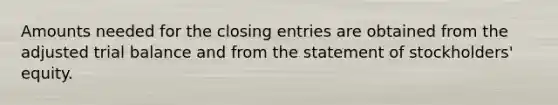 Amounts needed for the closing entries are obtained from the adjusted trial balance and from the statement of stockholders' equity.