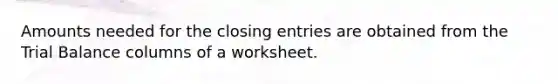 Amounts needed for the closing entries are obtained from the Trial Balance columns of a worksheet.