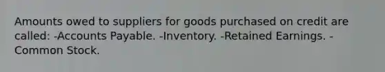 Amounts owed to suppliers for goods purchased on credit are called: -Accounts Payable. -Inventory. -Retained Earnings. -Common Stock.