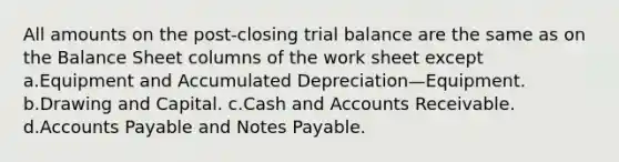 All amounts on the post-closing trial balance are the same as on the Balance Sheet columns of the work sheet except a.Equipment and Accumulated Depreciation—Equipment. b.Drawing and Capital. c.Cash and Accounts Receivable. d.Accounts Payable and Notes Payable.