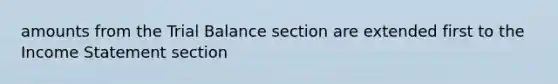 amounts from the Trial Balance section are extended first to the Income Statement section