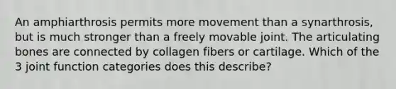 An amphiarthrosis permits more movement than a synarthrosis, but is much stronger than a freely movable joint. The articulating bones are connected by collagen fibers or cartilage. Which of the 3 joint function categories does this describe?