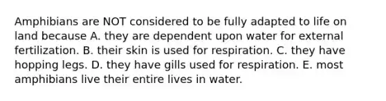 Amphibians are NOT considered to be fully adapted to <a href='https://www.questionai.com/knowledge/k9VzeMAjx8-life-on-land' class='anchor-knowledge'>life on land</a> because A. they are dependent upon water for external fertilization. B. their skin is used for respiration. C. they have hopping legs. D. they have gills used for respiration. E. most amphibians live their entire lives in water.