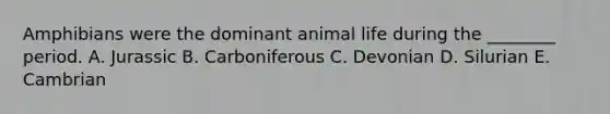 Amphibians were the dominant animal life during the ________ period. A. Jurassic B. Carboniferous C. Devonian D. Silurian E. Cambrian