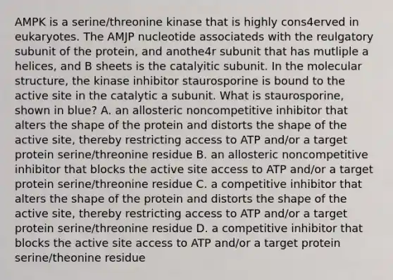 AMPK is a serine/threonine kinase that is highly cons4erved in eukaryotes. The AMJP nucleotide associateds with the reulgatory subunit of the protein, and anothe4r subunit that has mutliple a helices, and B sheets is the catalyitic subunit. In the molecular structure, the kinase inhibitor staurosporine is bound to the active site in the catalytic a subunit. What is staurosporine, shown in blue? A. an allosteric noncompetitive inhibitor that alters the shape of the protein and distorts the shape of the active site, thereby restricting access to ATP and/or a target protein serine/threonine residue B. an allosteric noncompetitive inhibitor that blocks the active site access to ATP and/or a target protein serine/threonine residue C. a competitive inhibitor that alters the shape of the protein and distorts the shape of the active site, thereby restricting access to ATP and/or a target protein serine/threonine residue D. a competitive inhibitor that blocks the active site access to ATP and/or a target protein serine/theonine residue