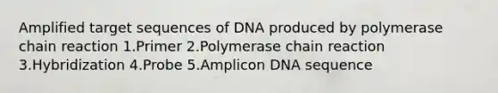 Amplified target sequences of DNA produced by polymerase chain reaction 1.Primer 2.Polymerase chain reaction 3.Hybridization 4.Probe 5.Amplicon DNA sequence