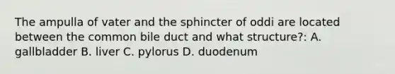 The ampulla of vater and the sphincter of oddi are located between the common bile duct and what structure?: A. gallbladder B. liver C. pylorus D. duodenum