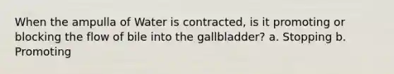 When the ampulla of Water is contracted, is it promoting or blocking the flow of bile into the gallbladder? a. Stopping b. Promoting