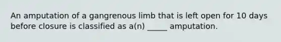 An amputation of a gangrenous limb that is left open for 10 days before closure is classified as a(n) _____ amputation.