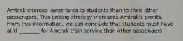 Amtrak charges lower fares to students than to their other passengers. This pricing strategy increases Amtrak's profits. From this information, we can conclude that students must have a(n) ________ for Amtrak train service than other passengers.