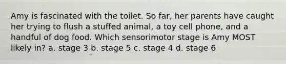 Amy is fascinated with the toilet. So far, her parents have caught her trying to flush a stuffed animal, a toy cell phone, and a handful of dog food. Which sensorimotor stage is Amy MOST likely in? a. stage 3 b. stage 5 c. stage 4 d. stage 6