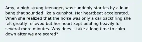 Amy, a high strung teenager, was suddenly startles by a loud bang that sounded like a gunshot. Her heartbeat accelerated. When she realized that the noise was only a car backfiring she felt greatly relieved but her heart kept beating heavily for several more minutes. Why does it take a long time to calm down after we are scared?