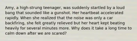 Amy, a high-strung teenager, was suddenly startled by a loud bang that sounded like a gunshot. Her heartbeat accelerated rapidly. When she realized that the noise was only a car backfiring, she felt greatly relieved but her heart kept beating heavily for several minutes more. Why does it take a long time to calm down after we are scared?