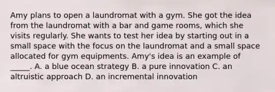 Amy plans to open a laundromat with a gym. She got the idea from the laundromat with a bar and game rooms, which she visits regularly. She wants to test her idea by starting out in a small space with the focus on the laundromat and a small space allocated for gym equipments. Amy's idea is an example of _____. A. a blue ocean strategy B. a pure innovation C. an altruistic approach D. an incremental innovation