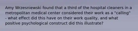 Amy Wrzesniewski found that a third of the hospital cleaners in a metropolitan medical center considered their work as a "calling" - what effect did this have on their work quality, and what positive psychological construct did this illustrate?