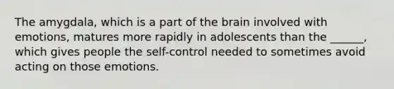 The amygdala, which is a part of <a href='https://www.questionai.com/knowledge/kLMtJeqKp6-the-brain' class='anchor-knowledge'>the brain</a> involved with emotions, matures more rapidly in adolescents than the ______, which gives people the self-control needed to sometimes avoid acting on those emotions.