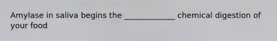 Amylase in saliva begins the _____________ chemical digestion of your food