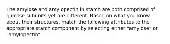 The amylose and amylopectin in starch are both comprised of glucose subunits yet are different. Based on what you know about their structures, match the following attributes to the appropriate starch component by selecting either "amylose" or "amylopectin".