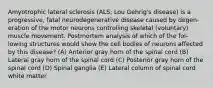 Amyotrophic lateral sclerosis (ALS; Lou Gehrig's disease) is a progressive, fatal neurodegenerative disease caused by degen- eration of the motor neurons controlling skeletal (voluntary) muscle movement. Postmortem analysis of which of the fol- lowing structures would show the cell bodies of neurons affected by this disease? (A) Anterior gray horn of the spinal cord (B) Lateral gray horn of the spinal cord (C) Posterior gray horn of the spinal cord (D) Spinal ganglia (E) Lateral column of spinal cord white matter