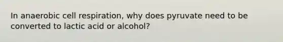 In anaerobic cell respiration, why does pyruvate need to be converted to lactic acid or alcohol?