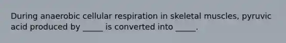 During anaerobic cellular respiration in skeletal muscles, pyruvic acid produced by _____ is converted into _____.