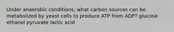 Under anaerobic conditions, what carbon sources can be metabolized by yeast cells to produce ATP from ADP? glucose ethanol pyruvate lactic acid