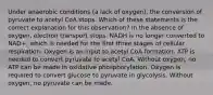 Under anaerobic conditions (a lack of oxygen), the conversion of pyruvate to acetyl CoA stops. Which of these statements is the correct explanation for this observation? In the absence of oxygen, electron transport stops. NADH is no longer converted to NAD+, which is needed for the first three stages of cellular respiration. Oxygen is an input to acetyl CoA formation. ATP is needed to convert pyruvate to acetyl CoA. Without oxygen, no ATP can be made in oxidative phosphorylation. Oxygen is required to convert glucose to pyruvate in glycolysis. Without oxygen, no pyruvate can be made.