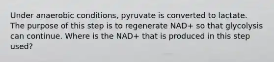 Under anaerobic conditions, pyruvate is converted to lactate. The purpose of this step is to regenerate NAD+ so that glycolysis can continue. Where is the NAD+ that is produced in this step used?