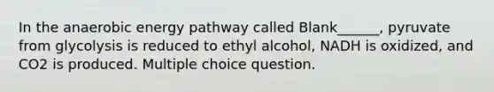 In the anaerobic energy pathway called Blank______, pyruvate from glycolysis is reduced to ethyl alcohol, NADH is oxidized, and CO2 is produced. Multiple choice question.