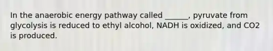 In the anaerobic energy pathway called ______, pyruvate from glycolysis is reduced to ethyl alcohol, NADH is oxidized, and CO2 is produced.