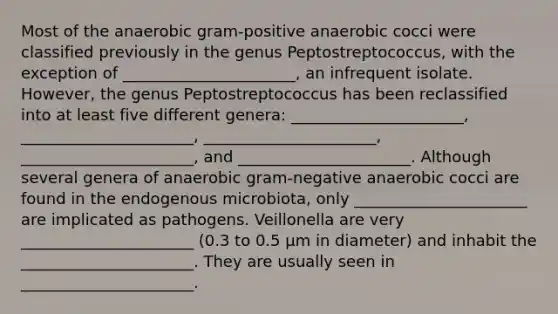 Most of the anaerobic gram-positive anaerobic cocci were classified previously in the genus Peptostreptococcus, with the exception of ______________________, an infrequent isolate. However, the genus Peptostreptococcus has been reclassified into at least five different genera: ______________________, ______________________, ______________________, ______________________, and ______________________. Although several genera of anaerobic gram-negative anaerobic cocci are found in the endogenous microbiota, only ______________________ are implicated as pathogens. Veillonella are very ______________________ (0.3 to 0.5 μm in diameter) and inhabit the ______________________. They are usually seen in ______________________.