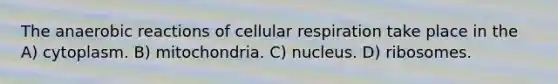 The anaerobic reactions of <a href='https://www.questionai.com/knowledge/k1IqNYBAJw-cellular-respiration' class='anchor-knowledge'>cellular respiration</a> take place in the A) cytoplasm. B) mitochondria. C) nucleus. D) ribosomes.