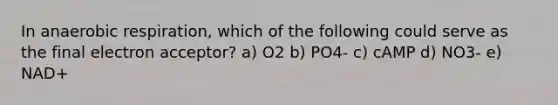 In anaerobic respiration, which of the following could serve as the final electron acceptor? a) O2 b) PO4- c) cAMP d) NO3- e) NAD+